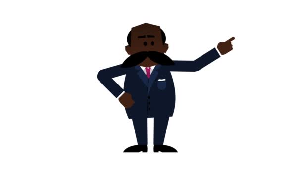 Hombre de negocios negro mayor explicando y hablando. HD loopable animación de dibujos animados incluyendo alfa mate . — Vídeo de stock