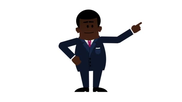 Young black businessman explaining and talking. HD loopable cartoon animation including alpha matte. — Stock Video