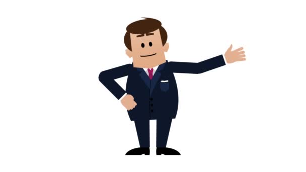 Jonge witte zakenman uit te leggen en te praten. HD loopbare cartoon animatie met inbegrip van alpha mat. — Stockvideo