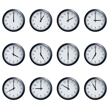 Clock set timed at each hour on white background clipart
