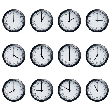 Clock set with Roman numerals, timed at each hour clipart