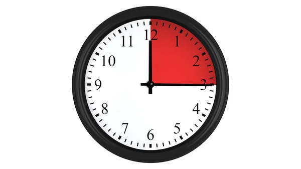 赤の 15 分の時間間隔で壁掛け時計 — ストック写真