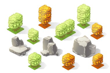 Isometric plants forest collection set. Fall trees and stones. clipart