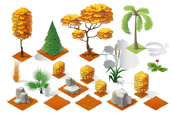 İzometrik bitkiler koleksiyonu kümesi orman. Sonbaharda ağaçlar ve taşlar. — Stok Vektör