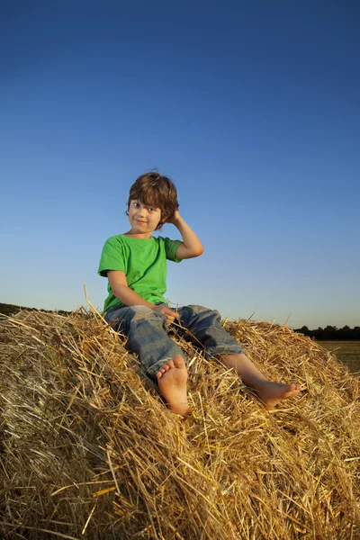 Junge im Heuhaufen auf dem Feld — Stockfoto