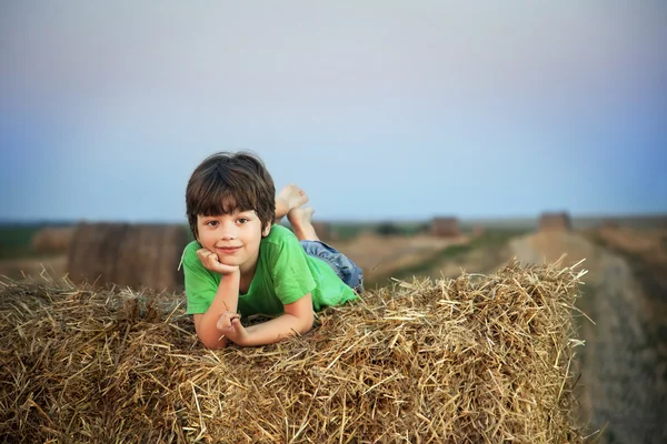 Garçon dans une botte de foin dans le champ — Photo