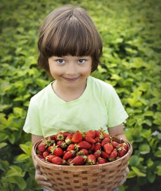 neşeli çocuk ile meyve sepeti