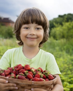neşeli çocuk ile meyve sepeti