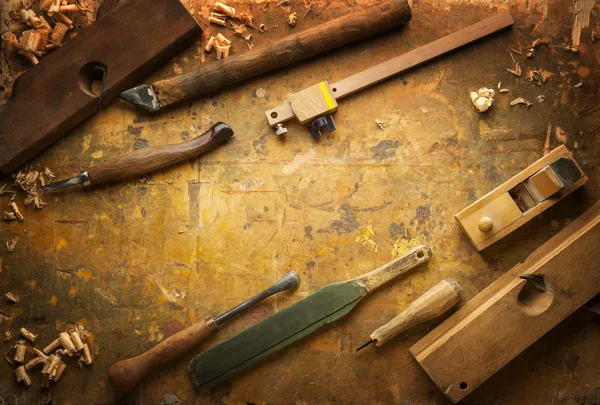 Hand tools Wood on an old wooden workbench — Stock Photo, Image