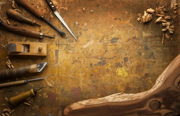 Hand tools Wood on an old wooden workbench — Stock Photo, Image