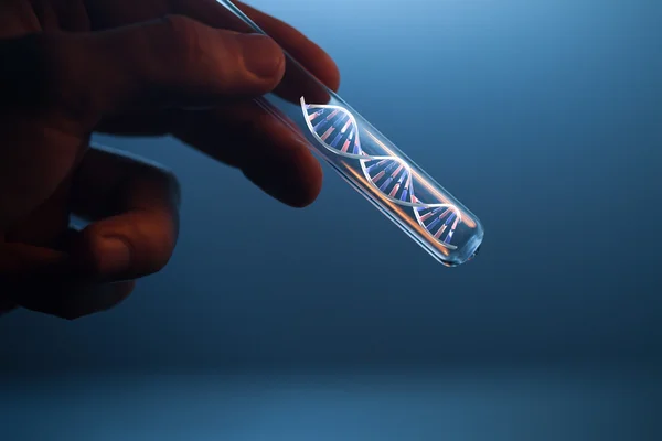 Молекула ДНК в стеклянной трубке в руке ученого — стоковое фото