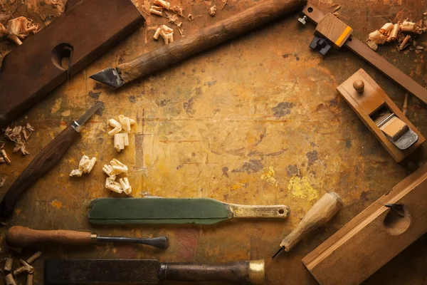 Hand tools Wood on an old wooden workbench — Stock Photo, Image