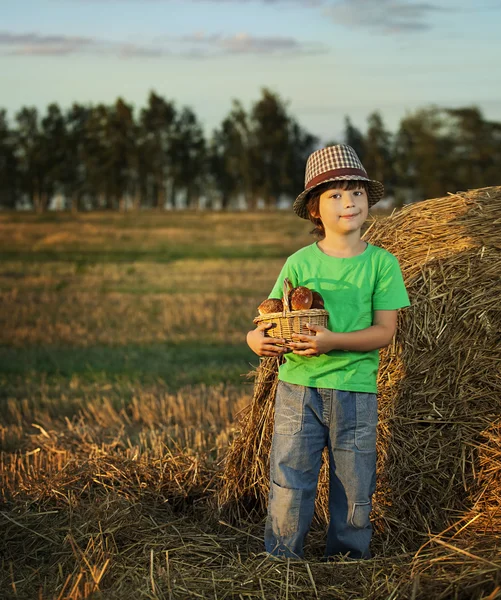パンのバスケットを持つ少年 — ストック写真