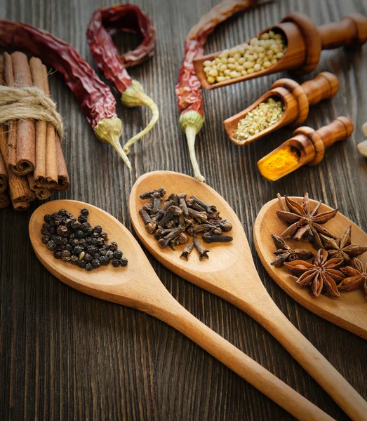 Herbes et épices sur fond en bois — Photo