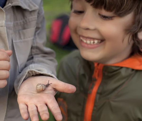 Children learn snail, focus on snail — Stock Photo, Image