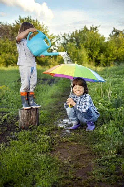 Dwóch braci bawi się na dworze w deszczu — Zdjęcie stockowe