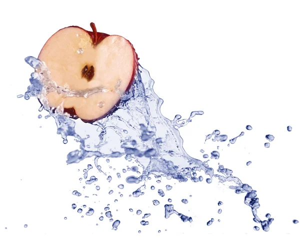 Red apple in juice stream — Stock Photo, Image