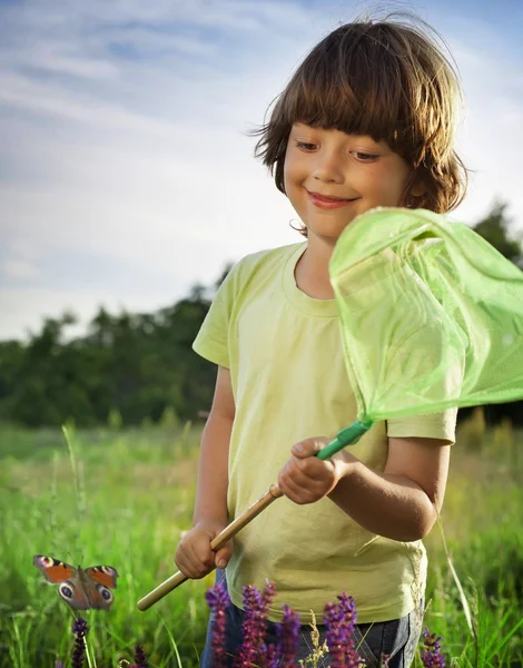 Kind vangt een vlinder — Stockfoto