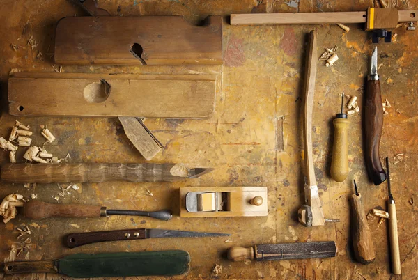 Hand tools Wood on an old wooden workbench — Stock Photo, Image