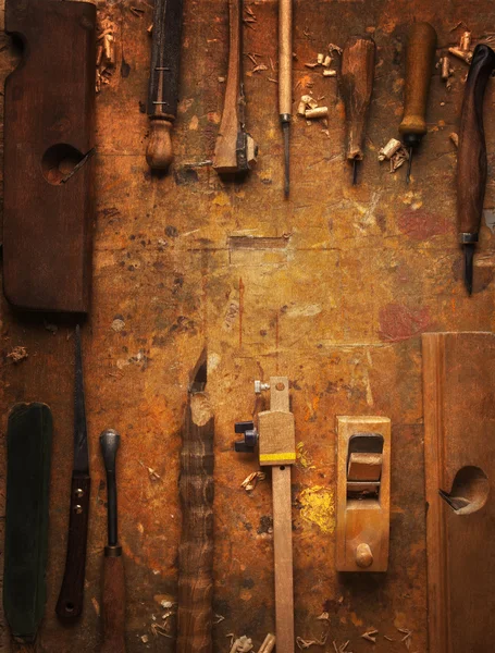 Hand tools Wood on an old wooden workbench — Stock Photo, Image