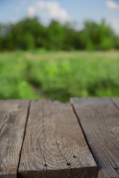 Blank old wooden table in the summer garden on a sunny day (focu — Stock Photo, Image