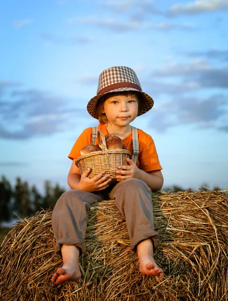 Αγόρι με καλάθι του ψωμάκια στο παρασκήνιο της θυμωνιές χόρτου σε ένα πεδίο — Φωτογραφία Αρχείου