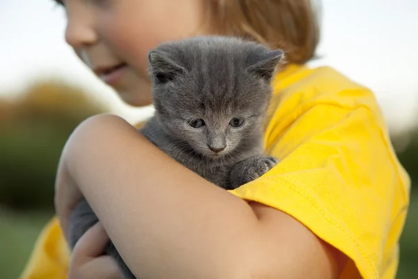 Gelukkig kind met een kitten — Stockfoto