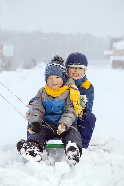 Happy boys on sled — Stock Photo, Image