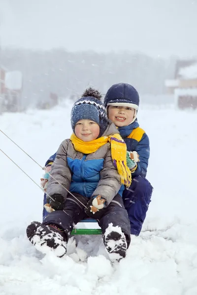 Happy boys na saních — Stock fotografie