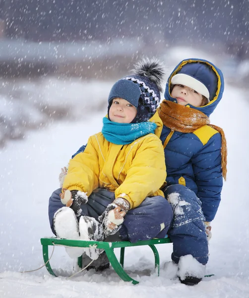 Zwei glückliche Jungen auf dem Schlitten — Stockfoto