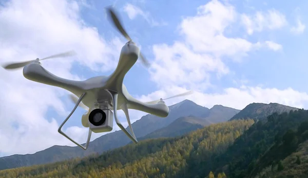 3d renderizar quadrocopters montanhas no fundo. Rádio-contr — Fotografia de Stock