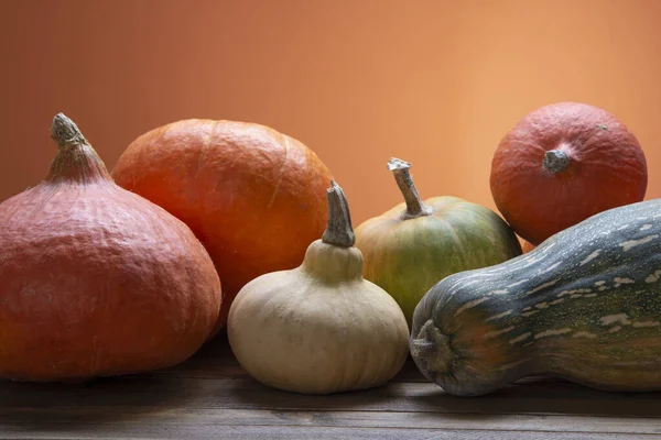 Calabazas Otoño Una Mesa Acción Gracias Madera —  Fotos de Stock