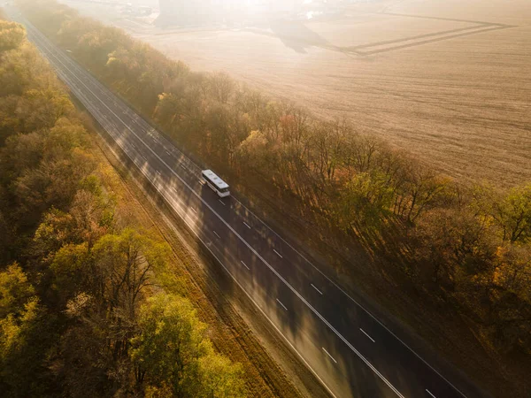 Aerial View Road Bus Beautiful Autumn Forest Sunset — Stock Photo, Image