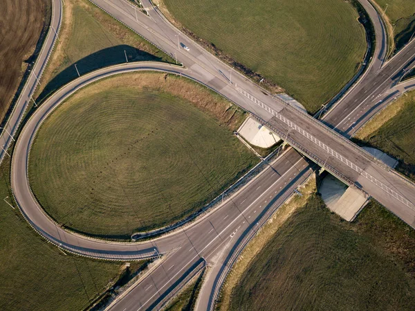 Aerial Top View Highway Intersection Junction Summer Morning Car — Stock Photo, Image
