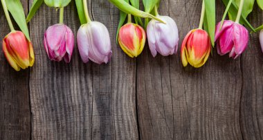 Paskalya bayramında eski tahta üzerinde bir buket bahar çiçeği lalesi.