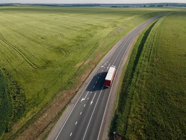 White Truck Cargo Semi Trailer Moving Road Direction Вид Згори — стокове фото
