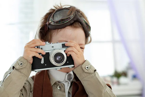 Happy Boy Retro Camera Indoors — Stock Photo, Image