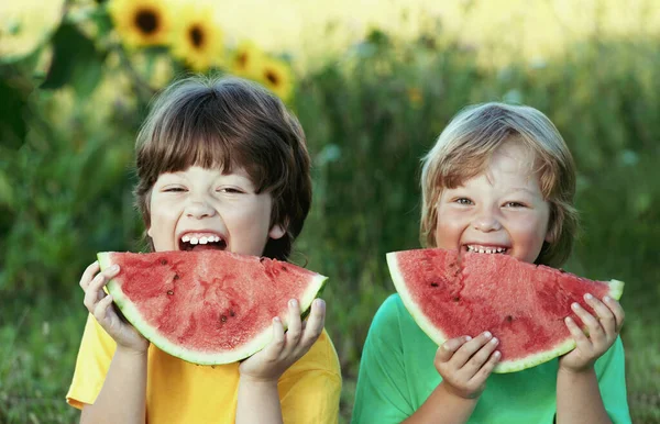 Criança Feliz Comendo Melancia Jardim Dois Meninos Com Frutas Parque — Fotografia de Stock