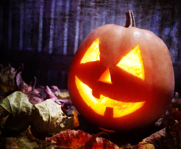 Jack o lanterns  Halloween pumpkin face on wooden background — Stock Photo, Image