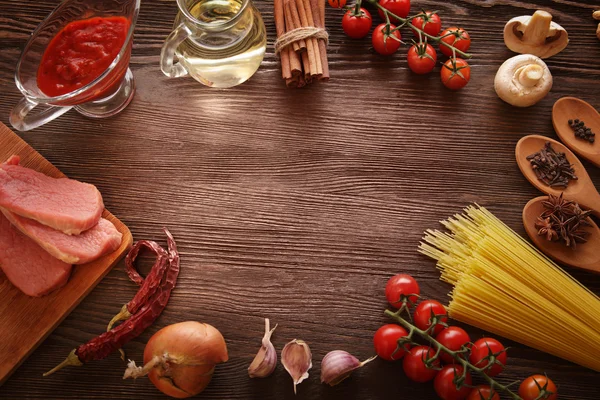 Everything on wood table for the preparation of acute Italian sa — Stock Photo, Image