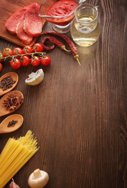 everything on wood table for the preparation of acute Italian sa