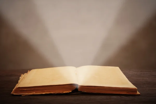 Old open book  light beam illuminates the page — Stock Photo, Image