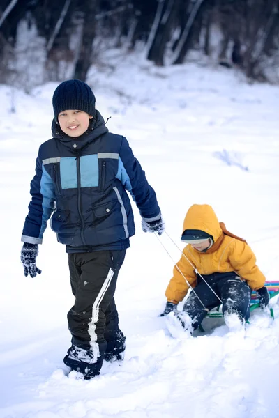 Two  happy boys on sled — Stock Photo, Image
