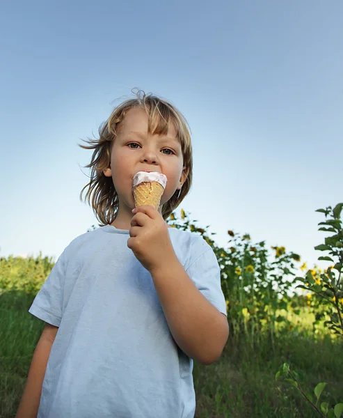 Happy little boy eating an ice cream — Stock Photo, Image