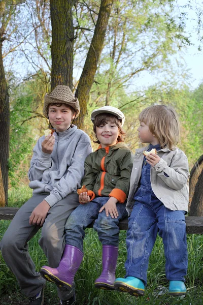 Boys on the forest bench eat bun — Stock Photo, Image