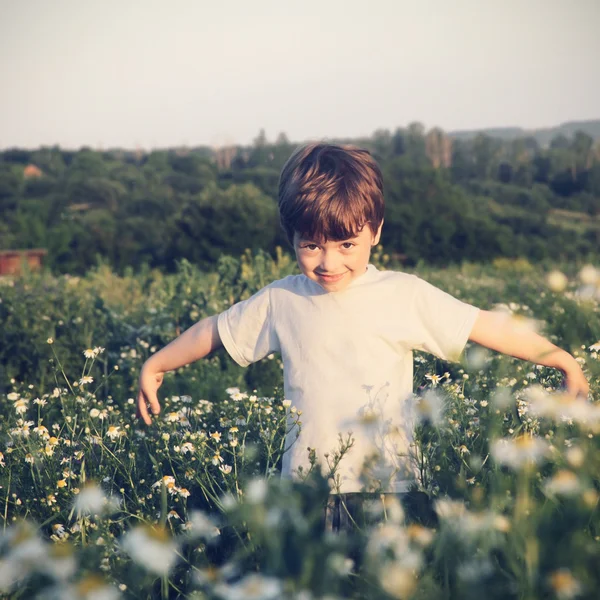 Niño feliz en el campo verde — Foto de Stock