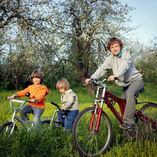 Tre fratelli andare in bicicletta — Foto Stock