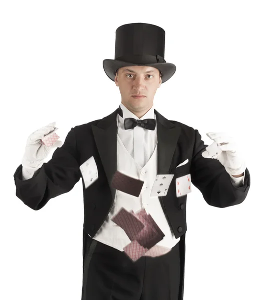 Magician holding playing cards — Stock Photo, Image