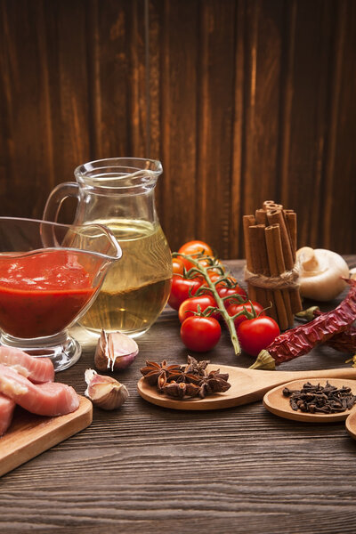 everything on wood table for the preparation of acute Italian sa