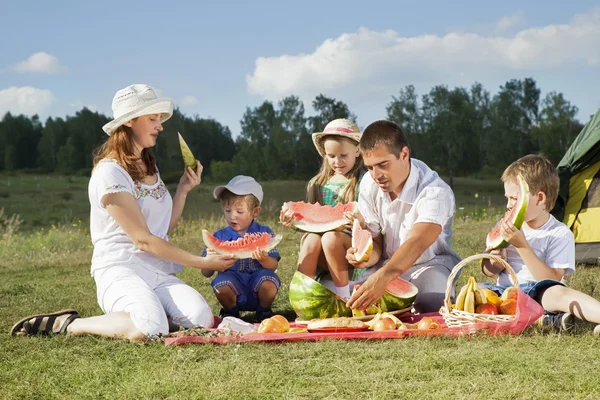 Families picnic outdoors with food — Stock Photo, Image